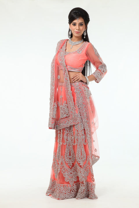 Sensational & Glamorous Diamond Studded Coral Lehenga Choli - SNT11137