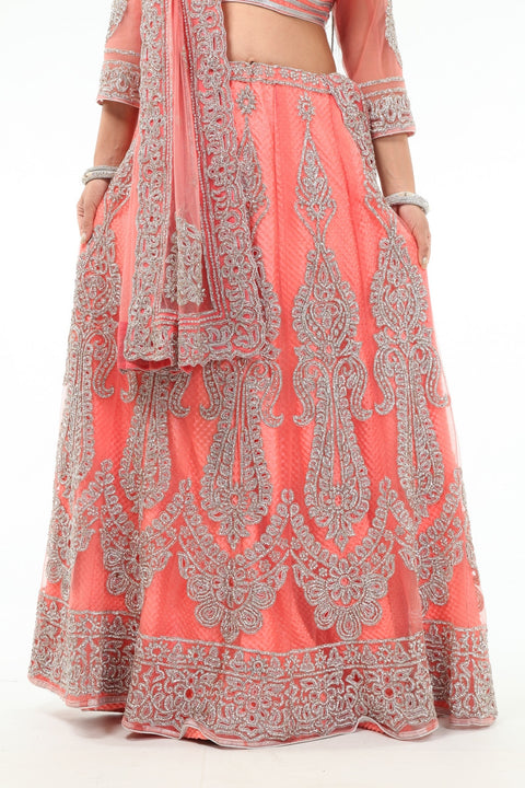 Sensational & Glamorous Diamond Studded Coral Lehenga Choli - SNT11137