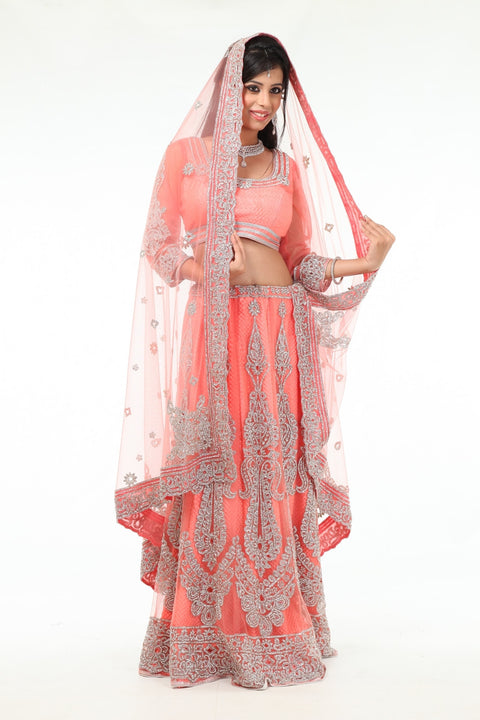 Sensational & Glamorous Diamond Studded Coral Lehenga Choli - SNT11137