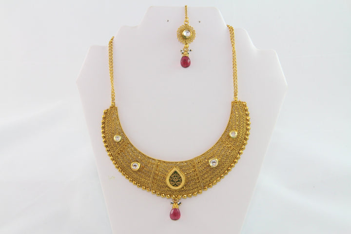 Stunning Gold & Pink Beads Necklace Set with Earrings and Tika