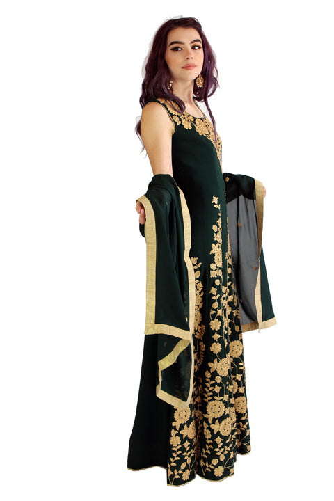 Hunter Green and Gold Embroidered Long Anarkali Gown