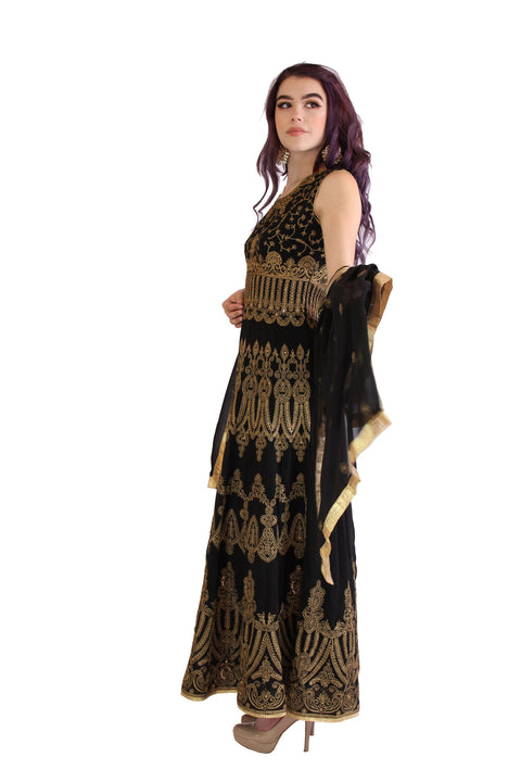 Elegant Black Embroidered Sleeveless Floor Length Long Anarkali Gown
