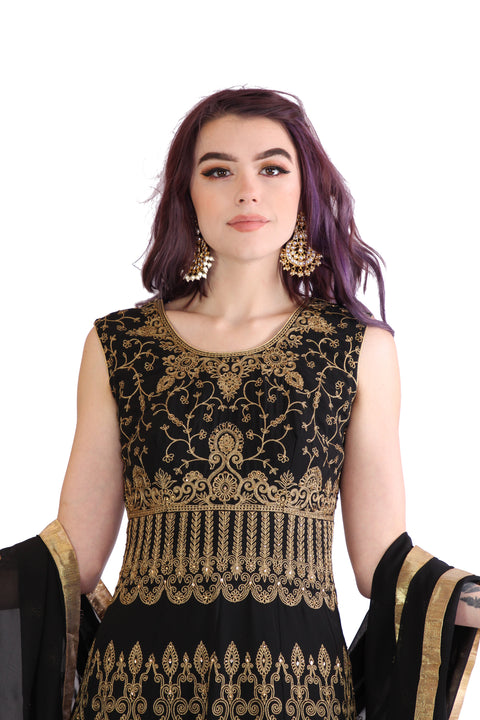 Elegant Black Embroidered Sleeveless Floor Length Long Anarkali Gown