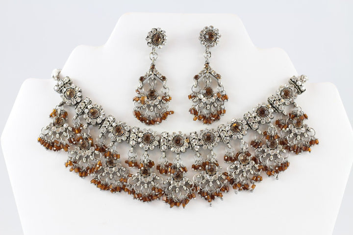 Gorgeous Silver and Brown Necklace Set with Earrings and Tika