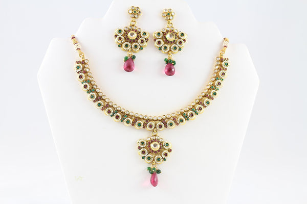 Beautiful Multi-Colored Kundan Necklace Set with Earrings and Tika