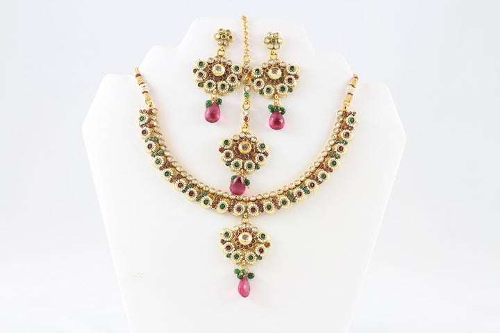 Beautiful Multi-Colored Kundan Necklace Set with Earrings and Tika