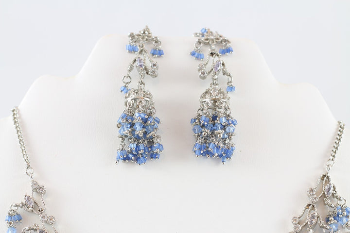 Cool Blue Stunning Silver Necklace Set with Earrings