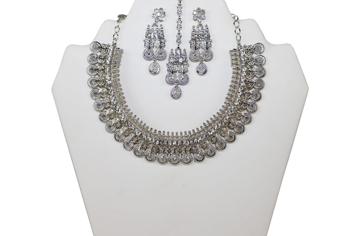 Striking Silver Jewelry Necklace set with Earrings and Tika- JW2003
