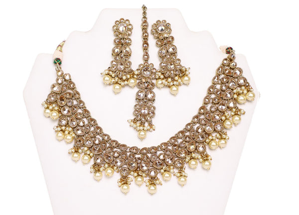 Blush Rose Gold with Pearls Necklace Set with Earrings and Tika- JW2007