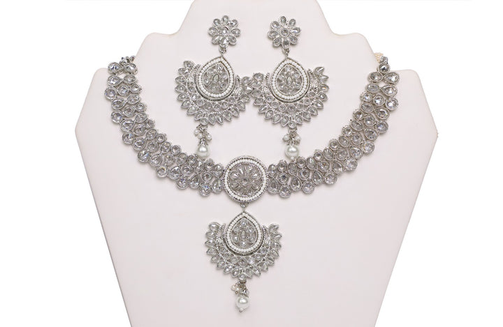 Striking Bright Silver Necklace Set with Earrings and Tika- JW2008