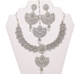 Striking Bright Silver Necklace Set with Earrings and Tika- JW2008