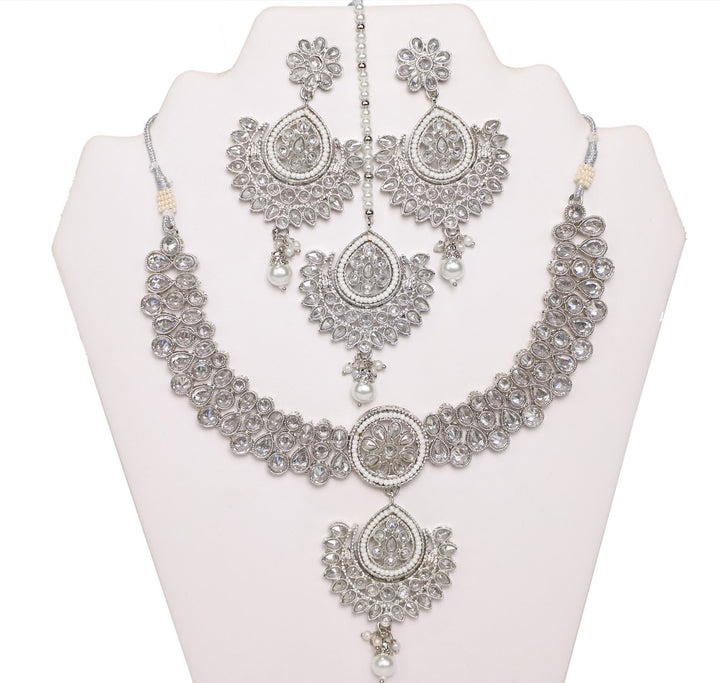Striking Bright Silver Necklace Set with Earrings and Tika- JW2008