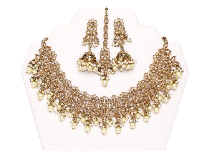 Mesmeric Shell-Pink Stones and White Pearls Necklace Set with Earrings and Tika-  JW2018