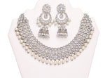 Flashy Silver Stone with White Pearls Necklace Set with Earrings and Tika- JW2020