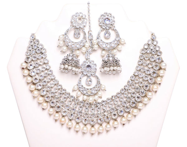 Flashy Silver Stone with White Pearls Necklace Set with Earrings and Tika- JW2020