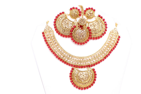 Classic Red and Gold Necklace set with Earrings and Tika - JW2024