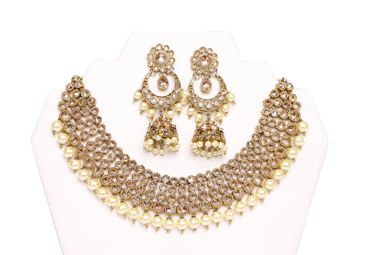Dazzling Light Gold and Pearl Necklace Set with Earrings and Tika- JW2025