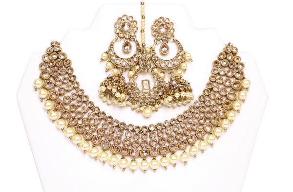 Dazzling Light Gold and Pearl Necklace Set with Earrings and Tika- JW2025