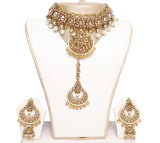 Alluring Light Gold and Pearly Necklace set with Earrings and Tika -JW2027