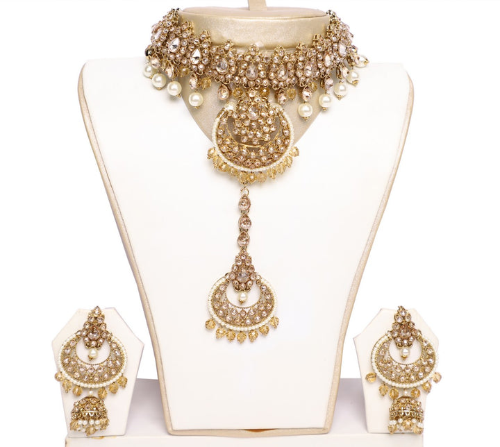 Alluring Light Gold and Pearly Necklace set with Earrings and Tika -JW2027