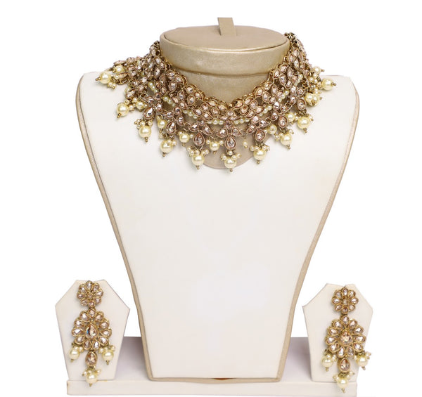 Exquisite Light Gold and Pearly Necklace set with Earrings -JW2032