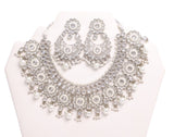 Luminous Silver Stone with White Pearls Necklace Set with Earrings and Tika- JW2038