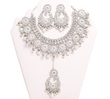 Luminous Silver Stone with White Pearls Necklace Set with Earrings and Tika- JW2038