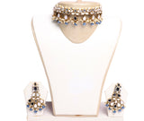 Grand Steel Blue Beaded Necklace Set with Earrings and Tika - JW2042