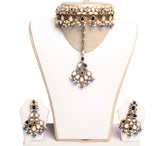 Grand Steel Blue Beaded Necklace Set with Earrings and Tika - JW2042