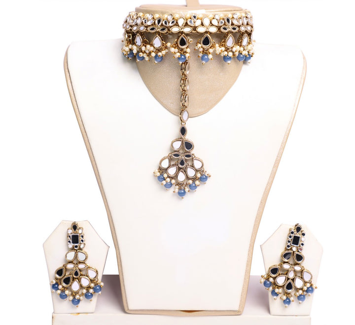 Grand Steel Blue Beaded Necklace Set with Earrings and Tika - JW2042