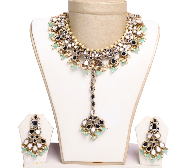 Gorgeous Ocean Blue Beaded Glass Necklace Set with Earrings and Tika - JW2044