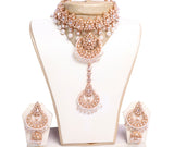 Stunning Glass Stones and White Pearls Necklace Set with Earrings and Tika- JW2045