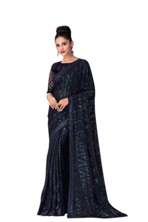 Greenish Royal Blue Georgette Sequined Pre-Pleated Ready-Made Sari-INN2303