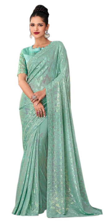 Totally Seductive Sea Mist Green Sequined Pre-Pleated Ready-Made Sari -INN-2310