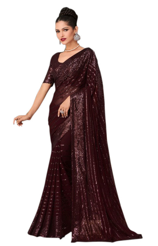 Modern Beauty Wine Sequined Pre-Pleated Ready-Made Sari -INN-2311