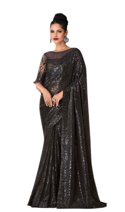 Modern Beauty Dark Grey Sequined Pre-Pleated Ready-Made Sari -INN