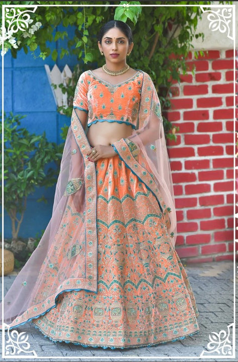 Exhilarating Orange and Teal Embroidered Lehenga- SNT11002