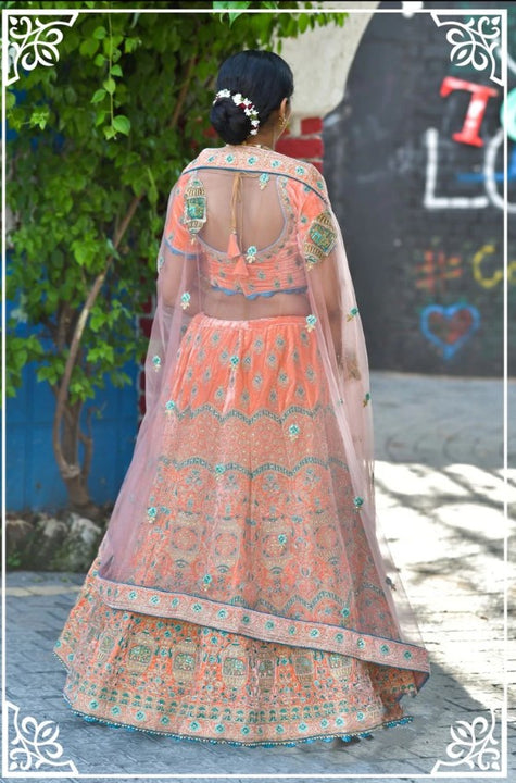 Exhilarating Orange and Teal Embroidered Lehenga- SNT11002