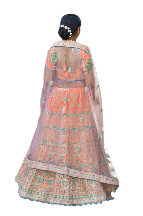 Exhilarating Orange and Teal Embroidered Lehenga- SNT11002