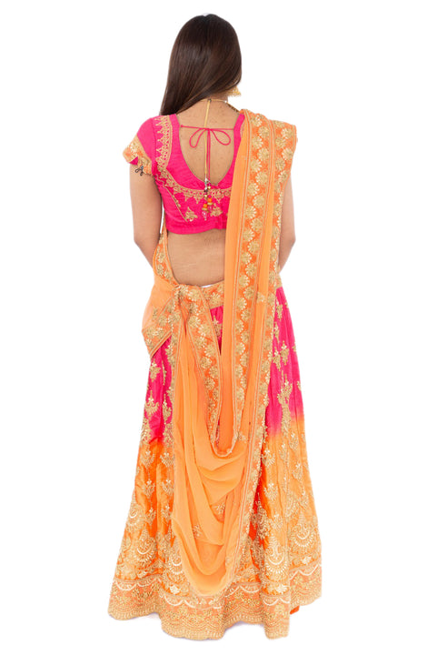 Tangerine Pink with Gold Embroidered Lehenga -SNT11086