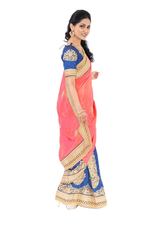 Beautiful Mauve and Blue Embroidered Indian Wedding Ready-Made Pre-Pleated Sari