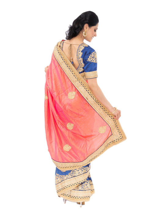 Beautiful Mauve and Blue Embroidered Indian Wedding Ready-Made Pre-Pleated Sari