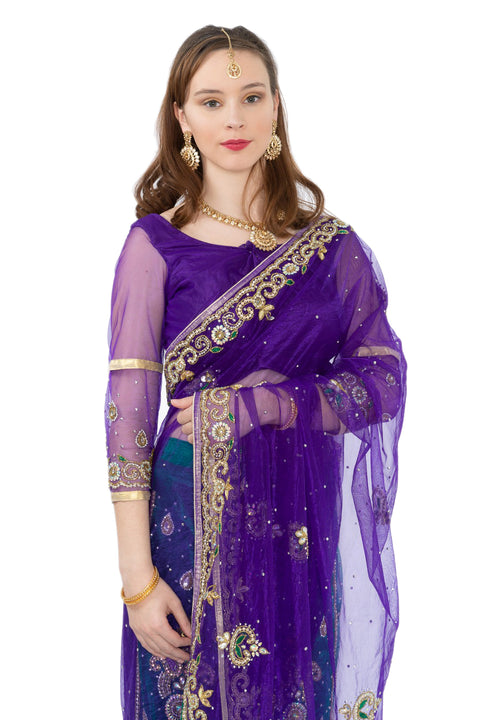 Posh Purple and Green Ready-Made Pre-Pleated Sari