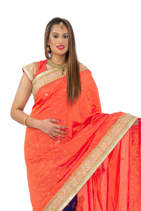 Lovely Orange and Blue Pre-Pleated Ready-Made Sari