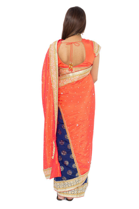 Lovely Orange and Blue Pre-Pleated Ready-Made Sari