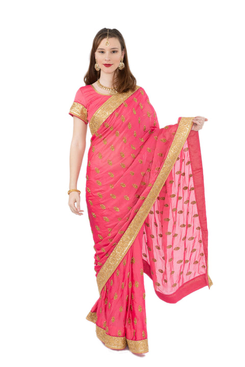 Embellished Pink Ready-Made Pre-Pleated Sari