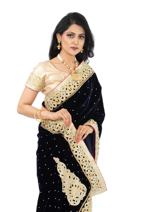 Celestial Navy & Gold Velvet Pre-Pleated Sari