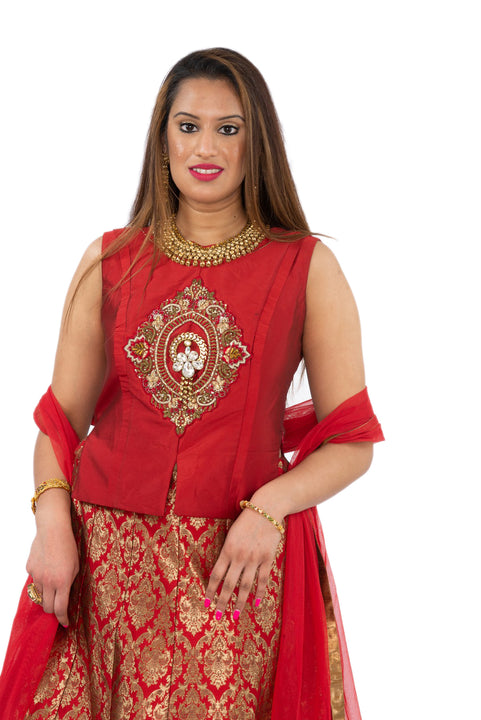 Maharani Maroon and Gold Silk Lehenga with Long Blouse