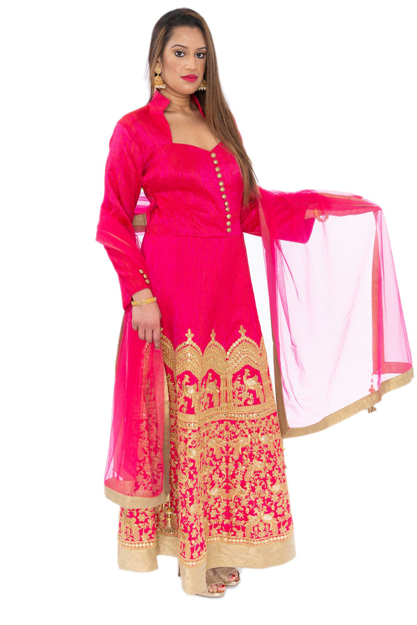 Gala Pink with Gold Embroidered  Indo-Western Long Anarkali Gown