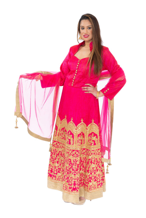 Gala Pink with Gold Embroidered  Indo-Western Long Anarkali Gown